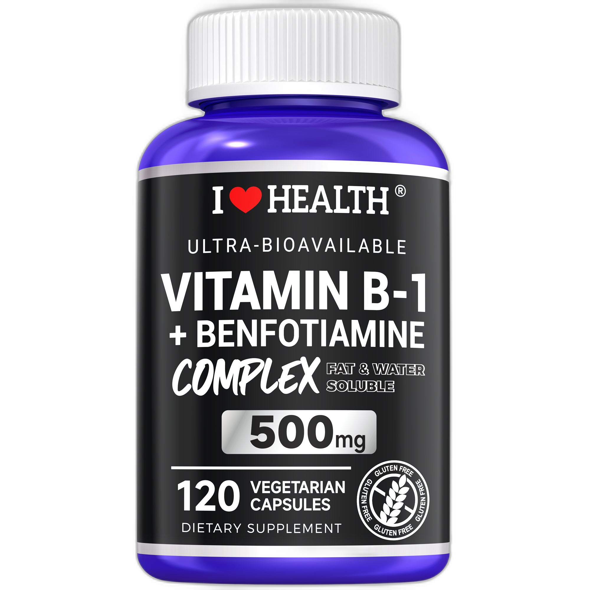 I Love Health Vitamin B1 500mg with Benfotiamine 20mg, 120 Capsules – 2 in 1 B-1 Complex Enhanced Formula – Fat & Water Soluble Thiamine B1 Supplement – Third Party Lab Tested, Non-GMO, No Gluten, MADE In USA