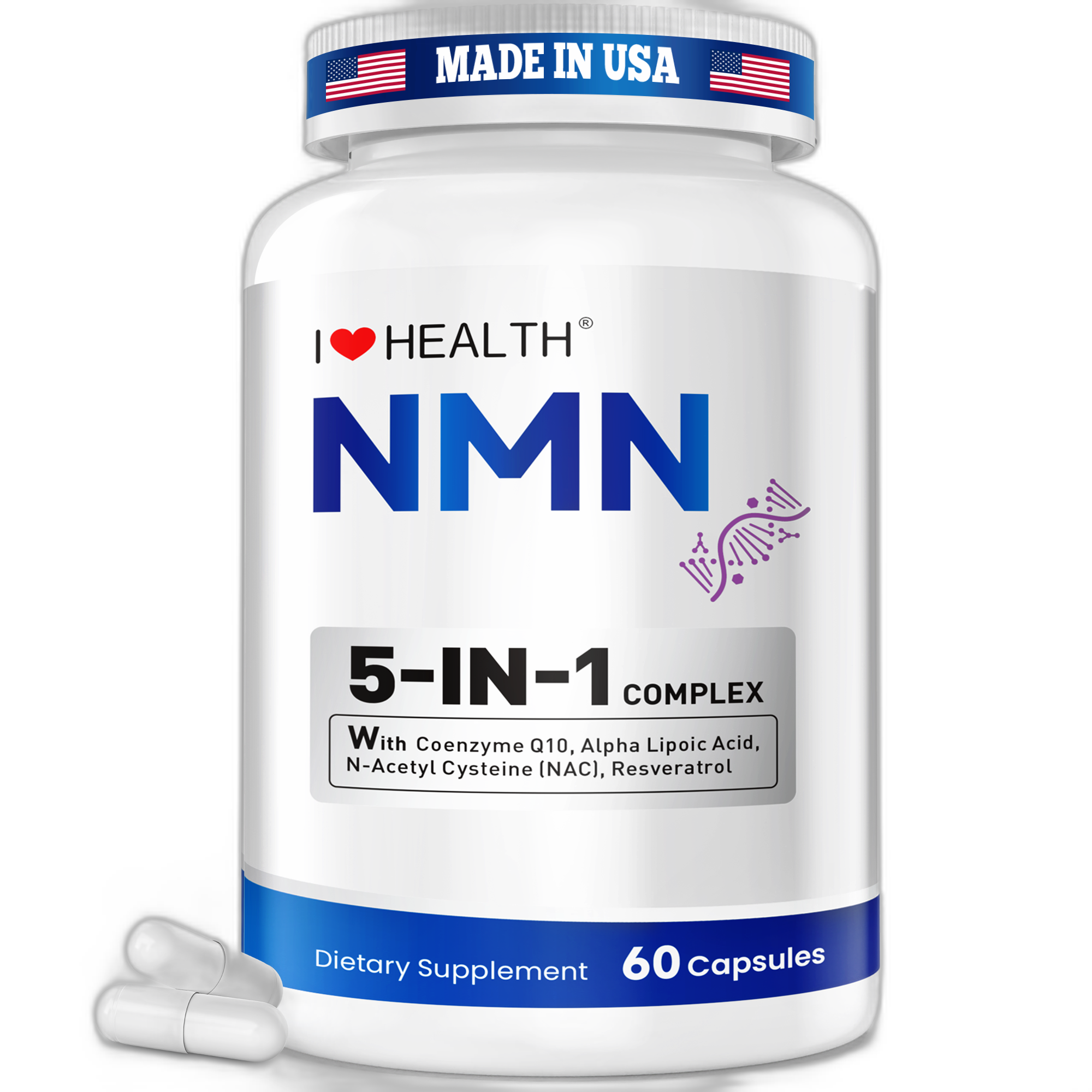I Love Health NMN 5-In-1 Complex Plus+ for Women & Men W/ NAC, Alpha Lipoic Acid, NMN, Coenzyme Q10, Resveratrol | 60 Capsules | Supports Energy,Anti-Aging, Antioxidant & Cellular Health