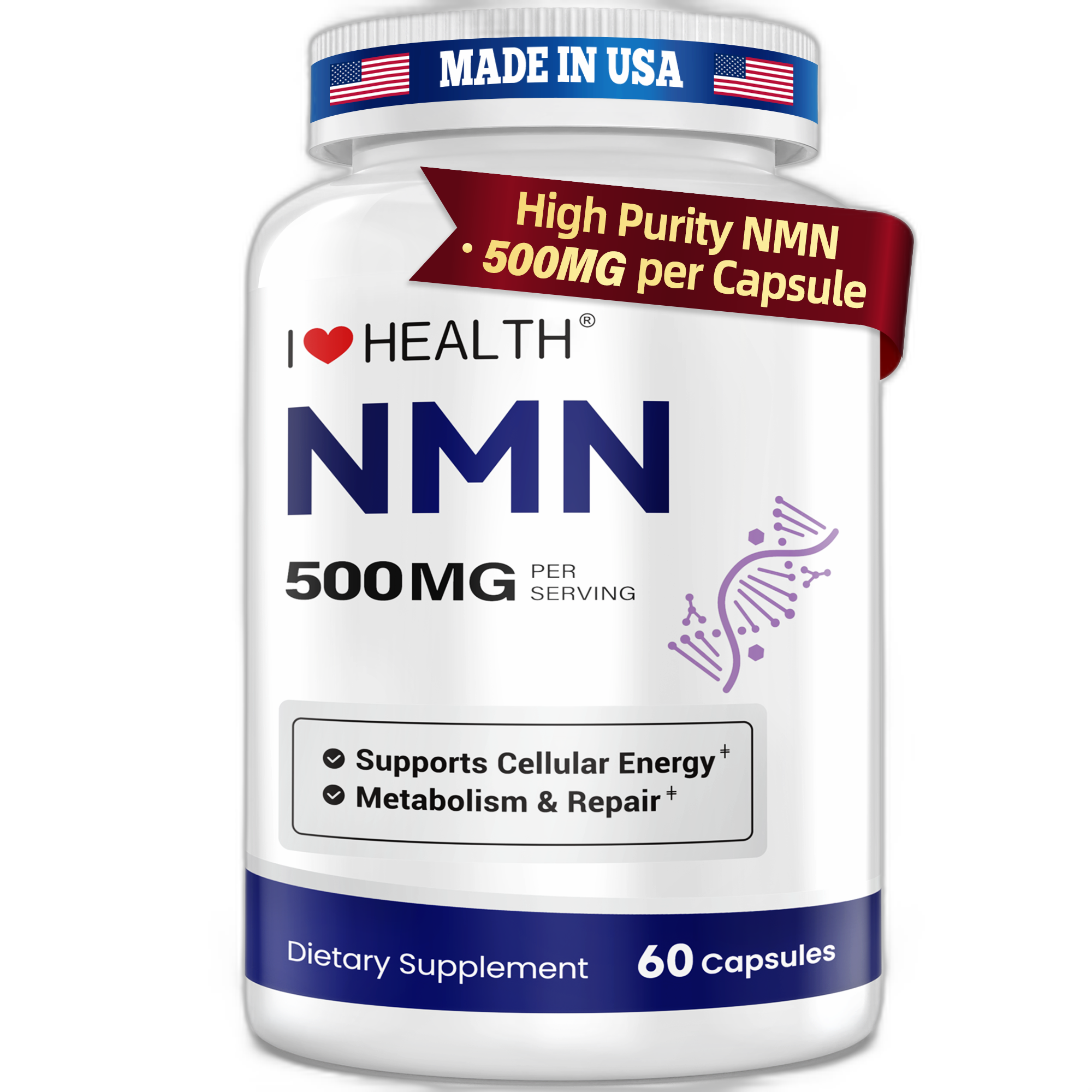 NMN 500mg – 99.9% Pure NMN Supplement, Boost NAD+ Levels, Cellular Energy & Healthy Aging Support, 60 Capsules, Third-Party Tested, NSF cGMP, Made in USA