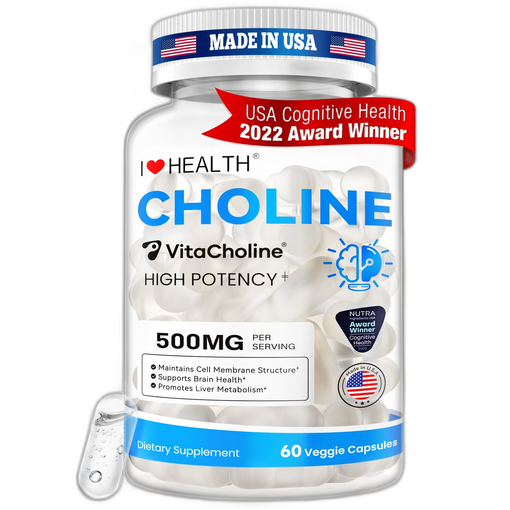 First Liquid Choline Supplement 500mg with VitaCholine® – USA Cognitive Health Award Winner – Superior Absorption – Supports Pregnancy, Baby Brain Development, Liver & Cell Health – 60 Veggie Capsules